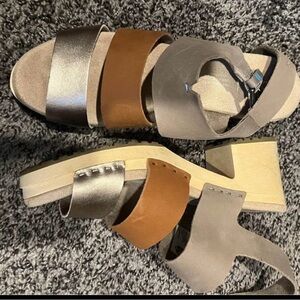 Tan, brown and chrome TOMS sandals
